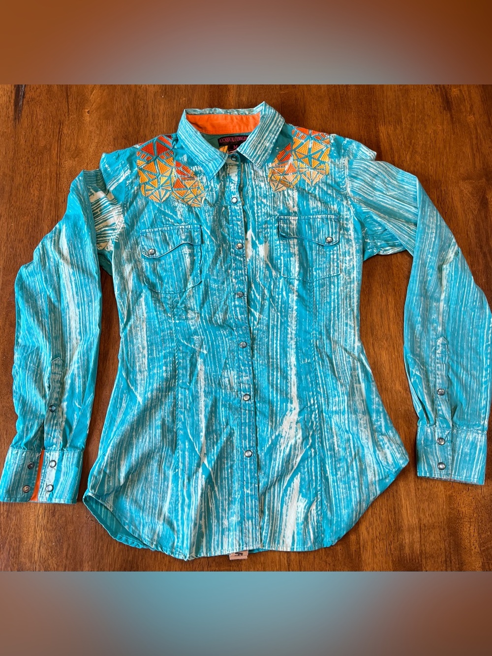 Rock Roll Cowgirl Pearl Snap Western Shirt Medium Turquoise Embroidered Rodeo